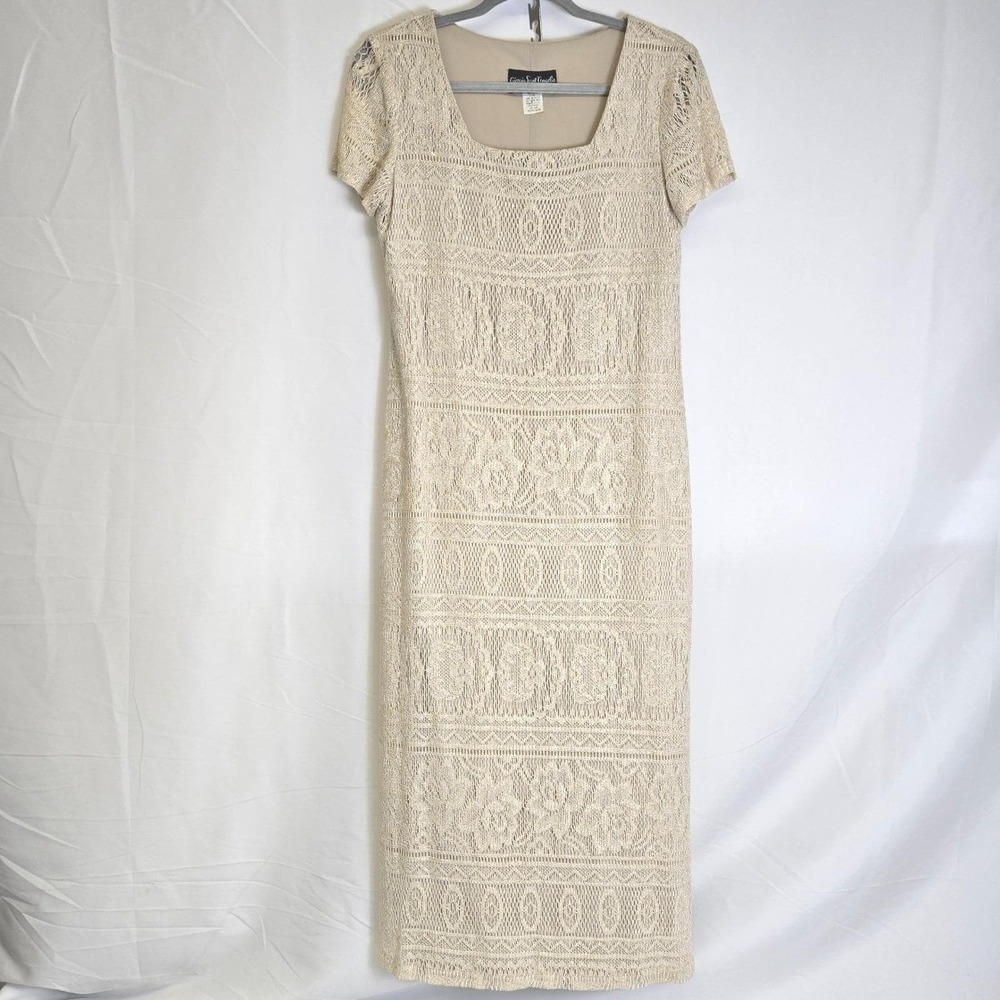 Giorgio Sant' Angelo Lace‎ Shift Maxi Dress, Cream Gold Shimmer, Size 5/6, Vtg